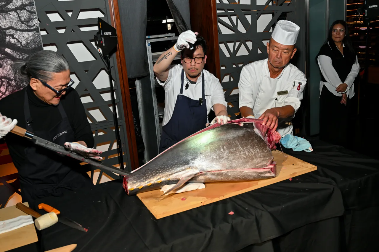 Chefs presenting tuna at the preparation counter — Morimoto, Las Vegas