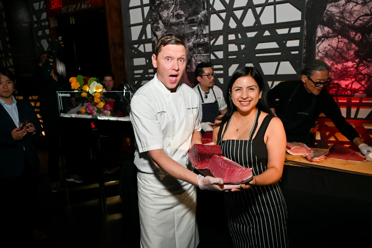 Guest and chef sharing a moment during the demonstration — Morimoto, Las Vegas